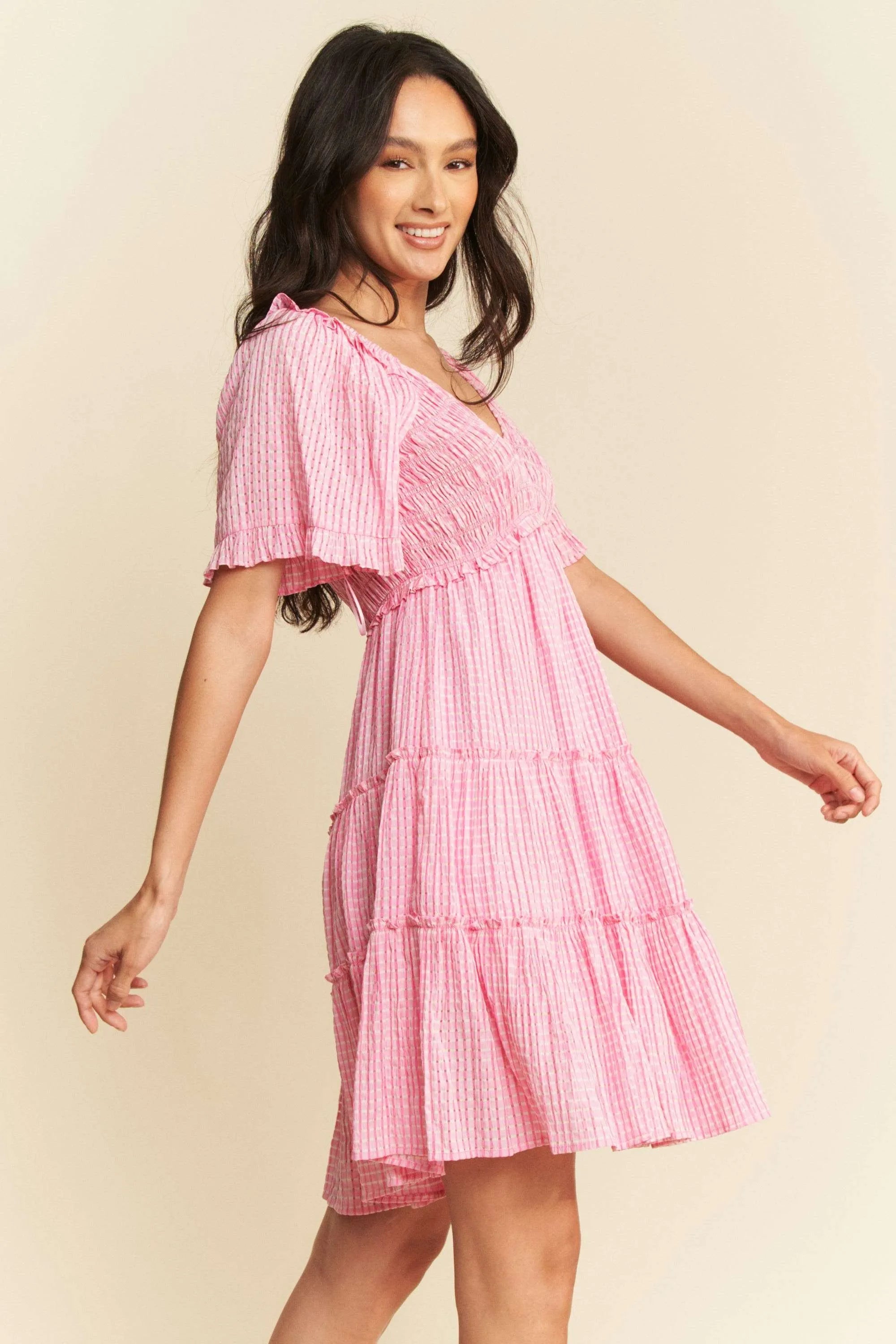 Davi & Dani Jacquard Checker Smocking Tiered Dress