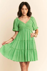 Davi & Dani Jacquard Checker Smocking Tiered Dress IBIZA GREEN / S
