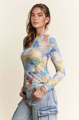 Davi & Dani Multi Printed Mesh Round Neck Long Sleeve Top