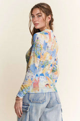 Davi & Dani Multi Printed Mesh Round Neck Long Sleeve Top
