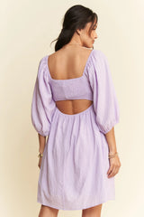 Davi & Dani Self-Tie Puff Sleeve Smocking Open Back Mini Dress