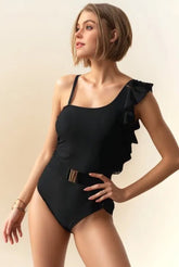 Davi & Dani Solid One Shoulder Ruffle One Piece Swimsuit BLACK / S