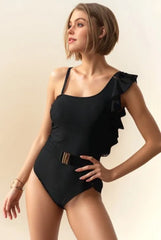 Davi & Dani Solid One Shoulder Ruffle One Piece Swimsuit BLACK / S