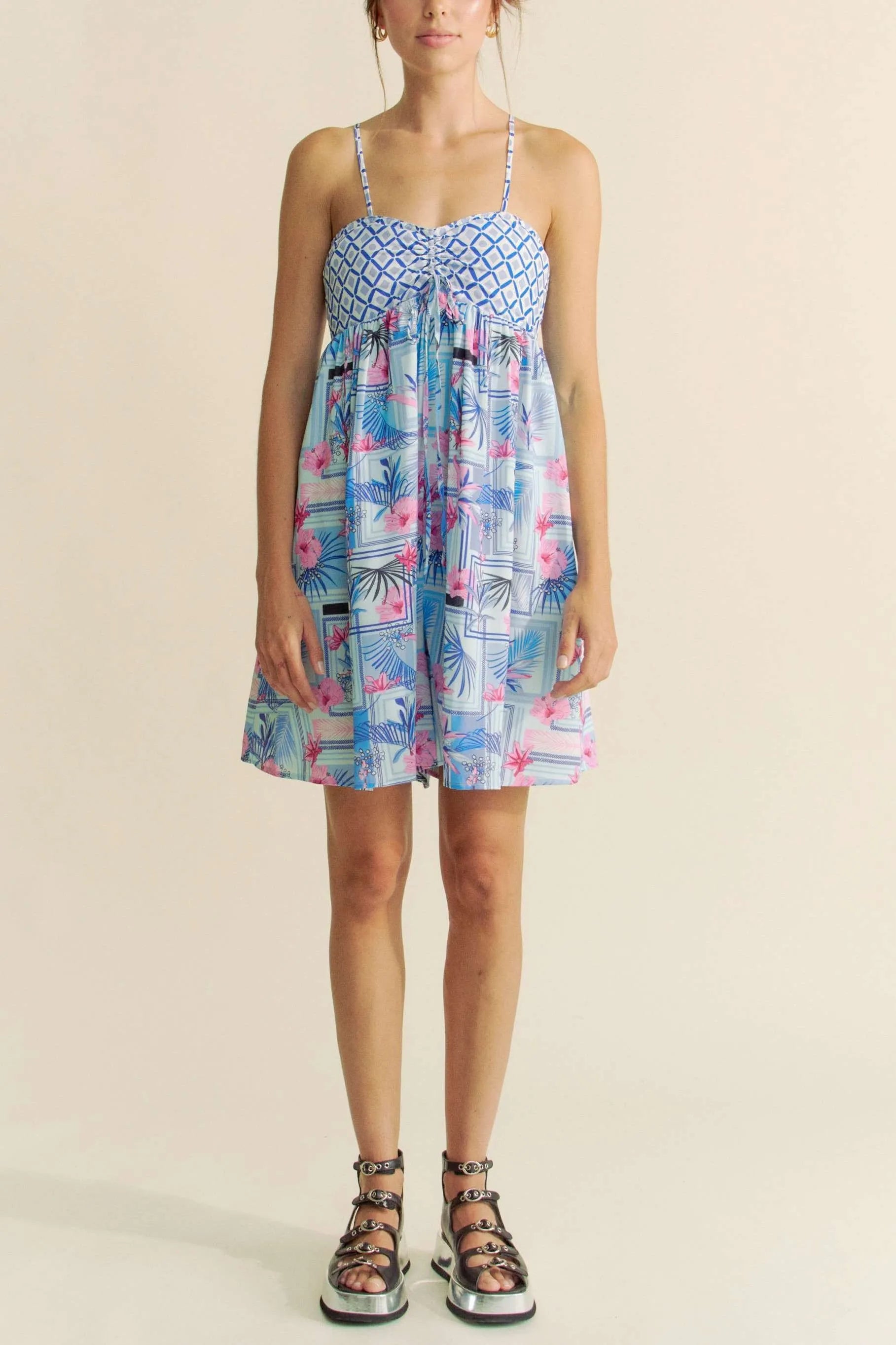 Davi & Dani Tropical Floral Geo Print Tie Back Tube Top Romper