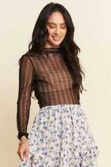 Davi & Dani Turtle Neck Lace Dotted Stretch Mesh Sheer Top