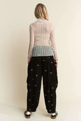 Davi & Dani Turtle Neck Lace Dotted Stretch Mesh Sheer Top