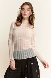 Davi & Dani Turtle Neck Lace Dotted Stretch Mesh Sheer Top WHITE / S
