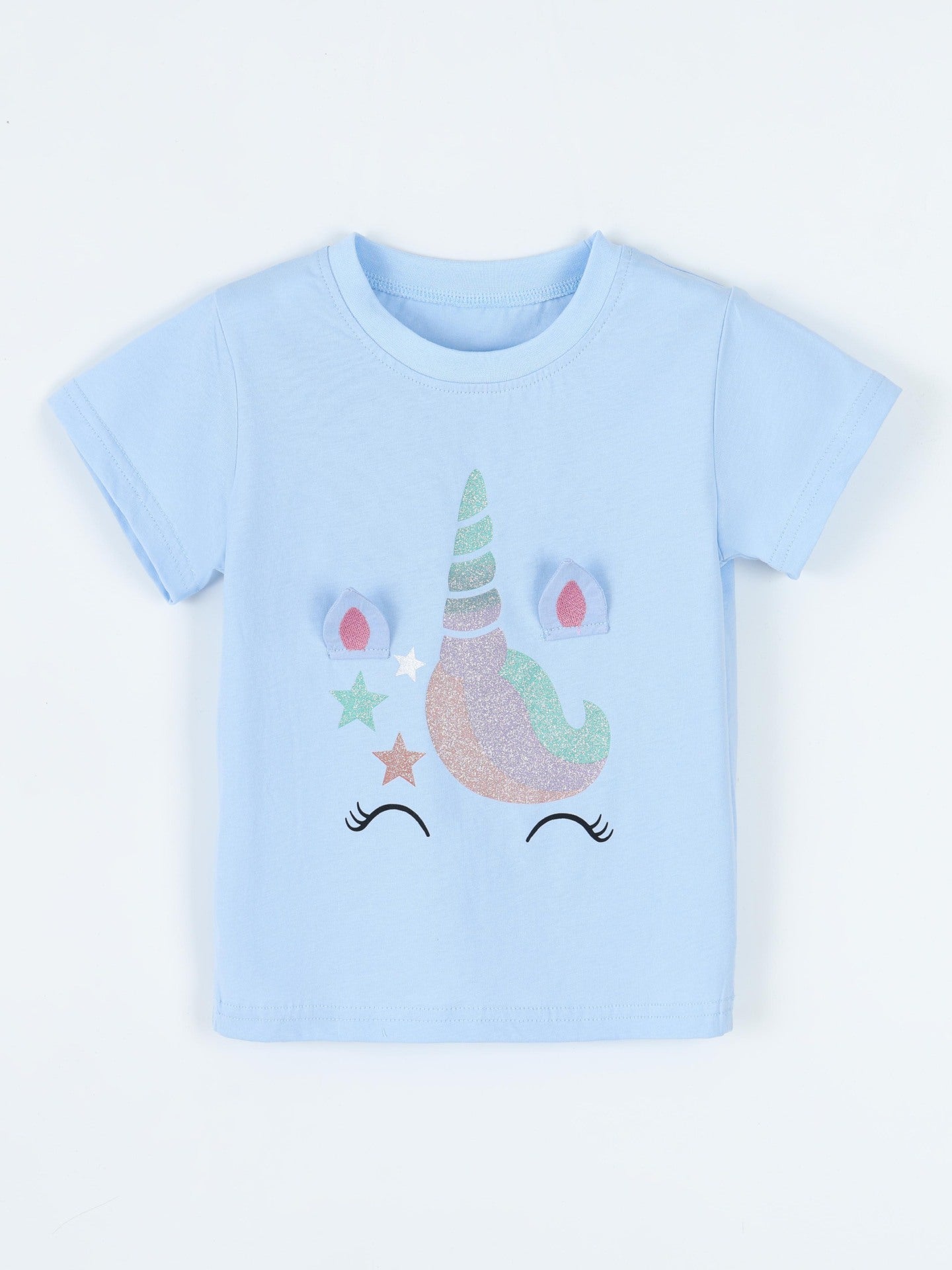 Flat lay front view of children's sky blue t-shirt with glitter unicorn face graphic