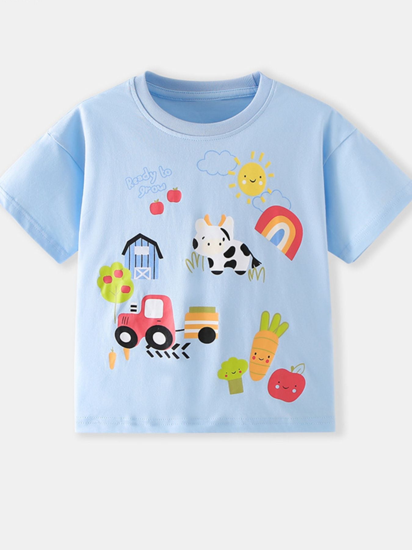 Flat lay front view of light blue children's T-shirt with cartoon farm, cow and tractor print