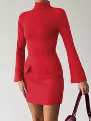Deep red mock neck long sleeve bodycon dress worn on model, front view holding a bag