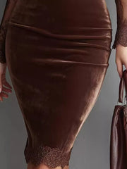 Detail view of the velvet skirt and lace hem of a coffee long sleeve bodycon dress