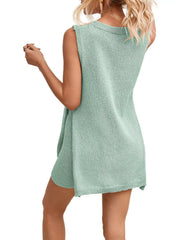 Back view of a lake green side slit tank top and matching knit shorts