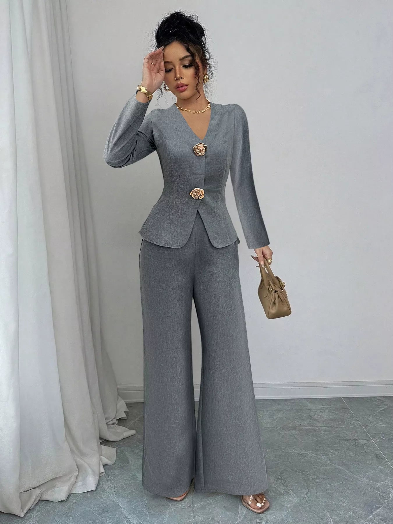 Decor Buckle Blazer & Wide Leg Pants Set