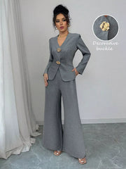 Decor Buckle Blazer & Wide Leg Pants Set