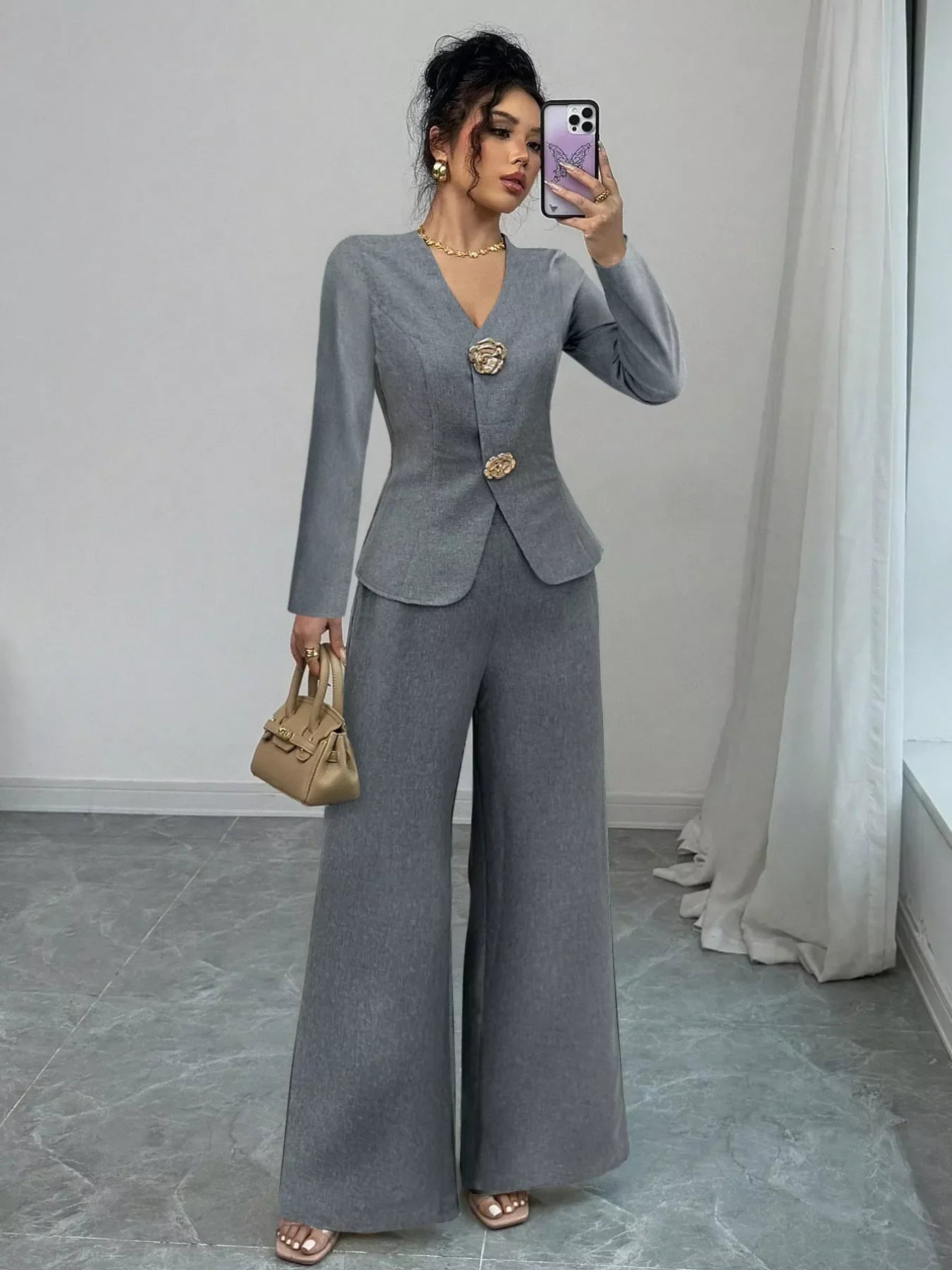 Decor Buckle Blazer & Wide Leg Pants Set Gray / S