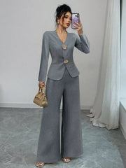 Decor Buckle Blazer & Wide Leg Pants Set Gray / S