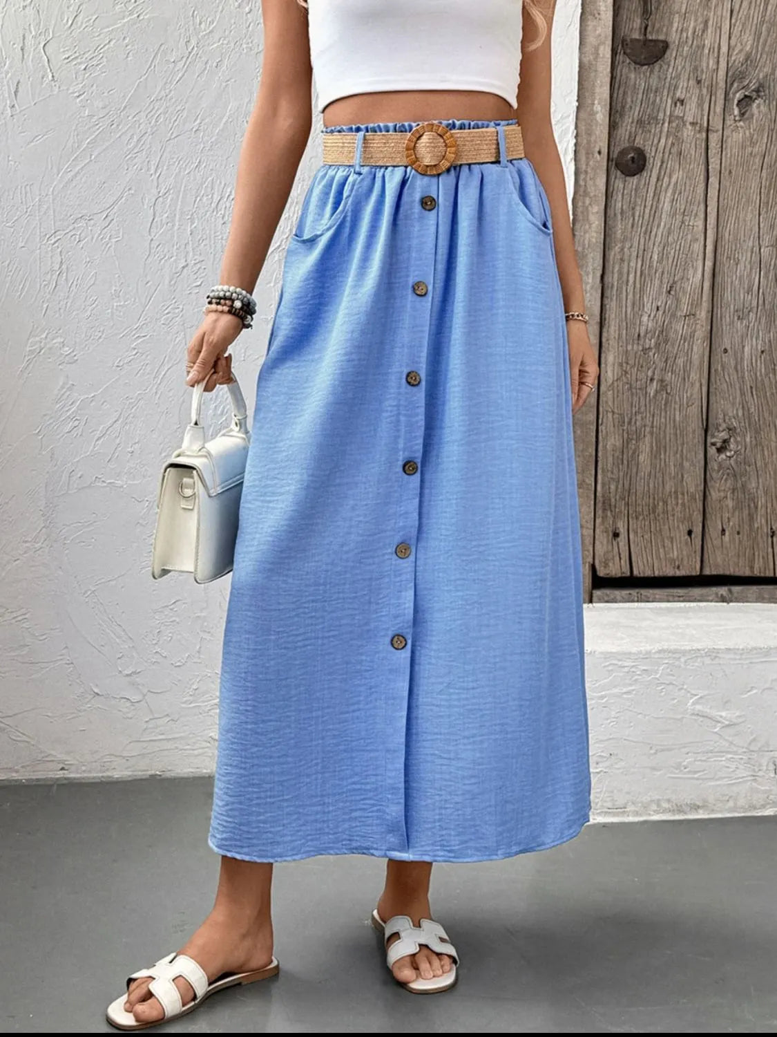 Decor Button Front Midi Skirt Light Blue / S