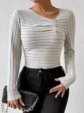 Decor Button Ribbed Long Sleeve Top Apricot Gray / S