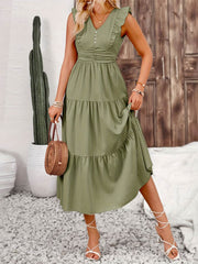 Decor Button Ruffled Tiered Midi Dress
