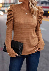 Decorative Button Round Neck Puff Sleeve Blouse Camel / S