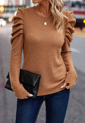 Decorative Button Round Neck Puff Sleeve Blouse Camel / S