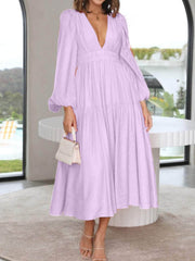 Deep V-Neck Balloon Sleeve Plain Maxi Dress Lavender / S