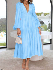 Deep V-Neck Balloon Sleeve Plain Maxi Dress Pastel Blue / S