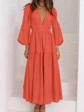 Deep V-Neck Balloon Sleeve Plain Maxi Dress Strawberry / S