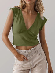 Deep V-Neck Cropped T-Shirt Army Green / S
