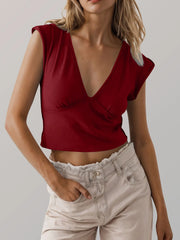 Deep V-Neck Cropped T-Shirt Burgundy / S
