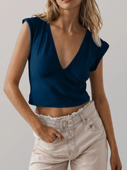 Deep V-Neck Cropped T-Shirt Navy Blue / S