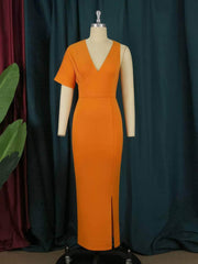 Deep V-Neck Irregular Sleeves Side Slit Dress