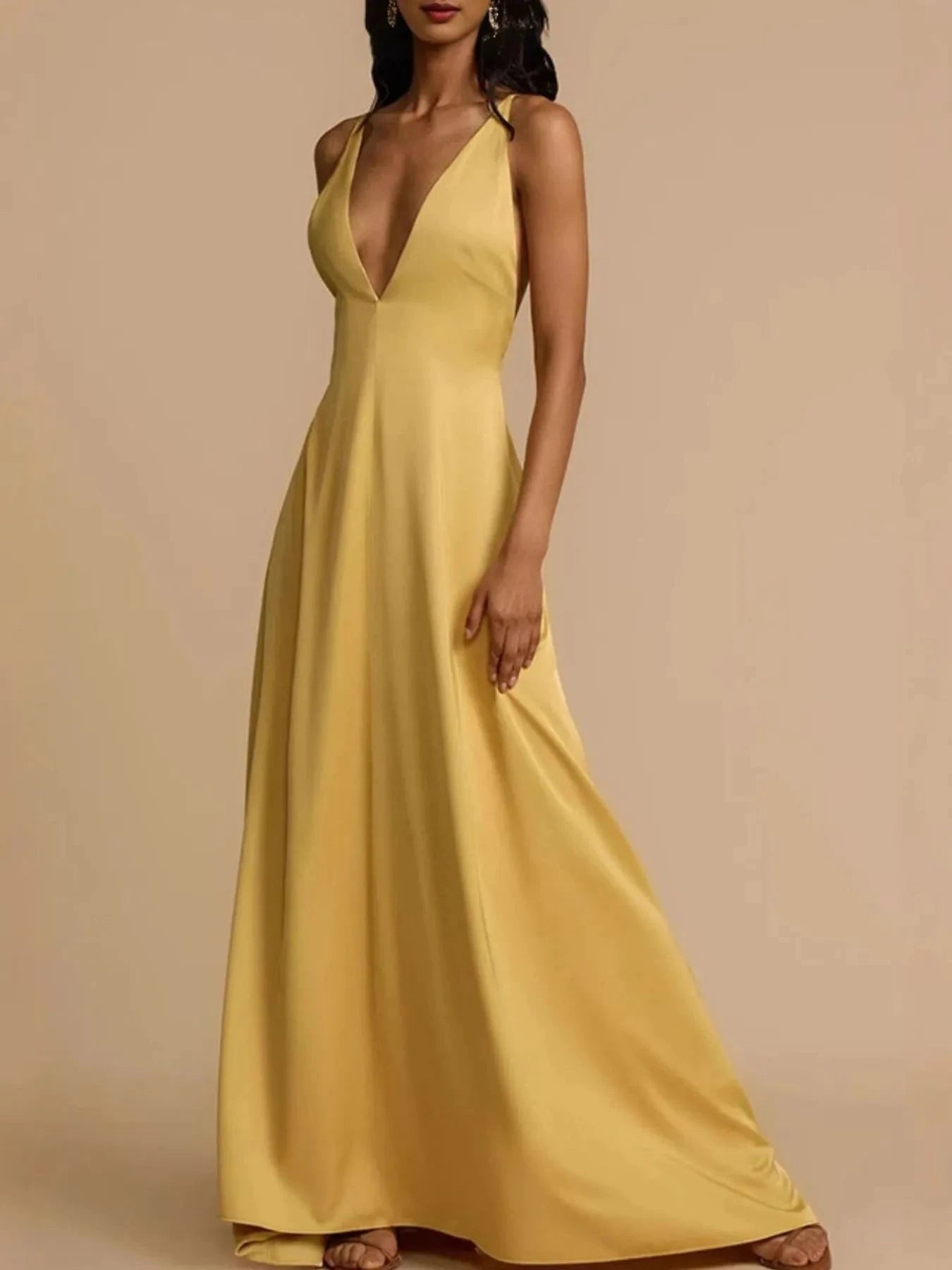 Deep V-Neck Maxi Dress Gold / S