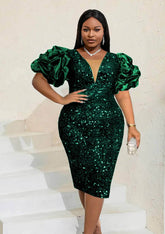 Deep V-Neck Sequin Dress with Ruffled Puff Sleeves US 4-6 / DarkGreen