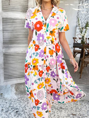 Devine Printed Johnny Collar Button Down Short Sleeve Midi Shirt Dress Blush Pink / S