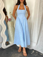 Devine Ruched Halter Neck Midi Dress Light Blue / S