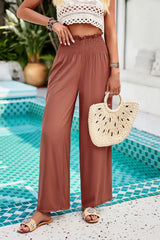 Devine Smocked Wide Leg Pants with Pockets Brown / S