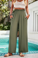 Devine Smocked Wide Leg Pants with Pockets Matcha Green / S