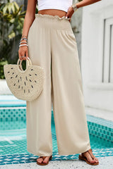 Devine Smocked Wide Leg Pants with Pockets Tan / S