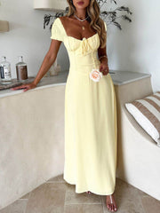 Devine Sweetheart Neck Short Sleeve Maxi Dress Light Yellow / S