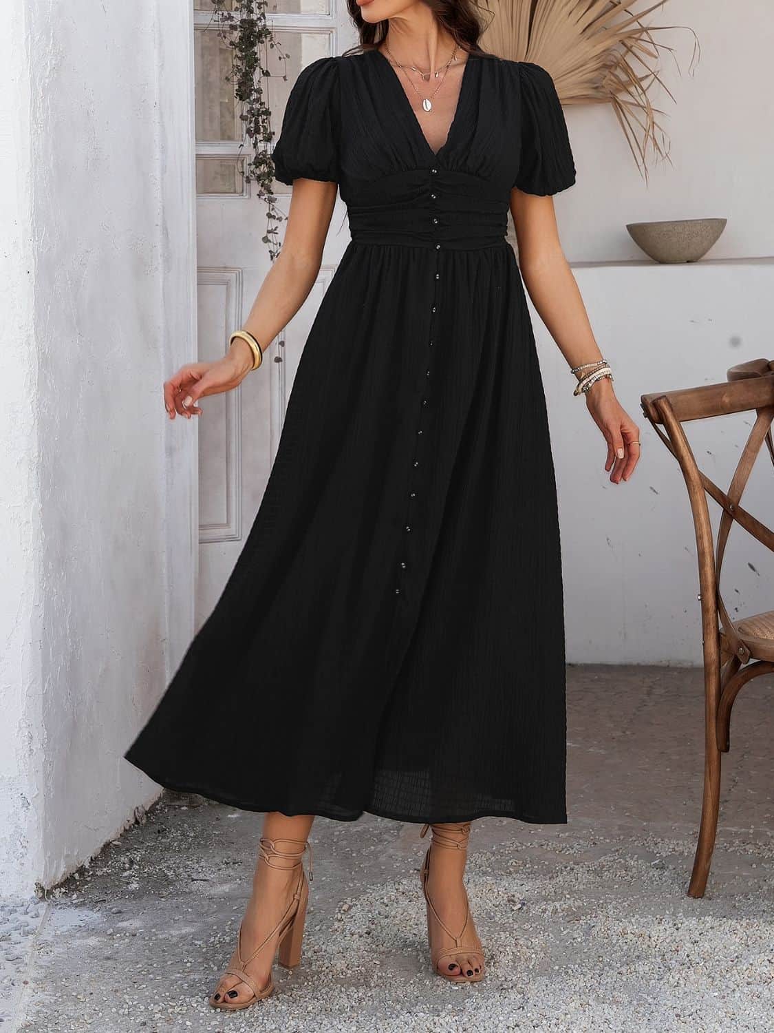 Devine V-Neck Puff Short Sleeve Midi Dress Black / S
