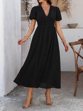 Devine V-Neck Puff Short Sleeve Midi Dress Black / S