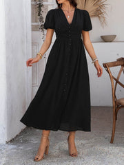 Devine V-Neck Puff Short Sleeve Midi Dress Black / S