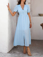 Devine V-Neck Puff Short Sleeve Midi Dress Light Blue / M