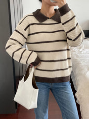 Front mirror view of a cream and brown striped knit polo sweater with long sleeves.