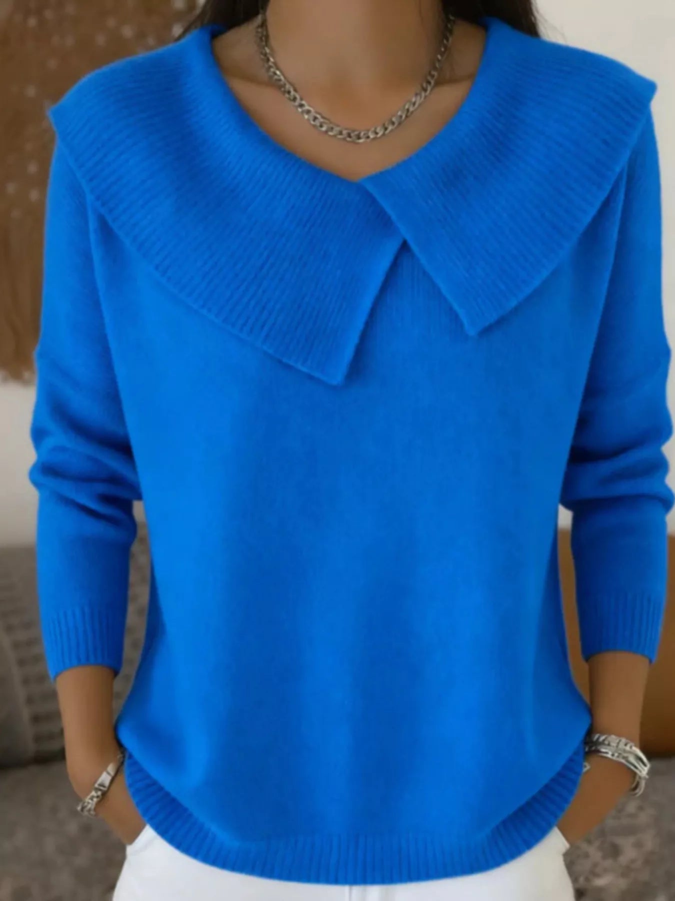 Royal blue wide collar ribbed knit sweater with overlapping collar and long sleeves, front view