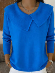 Royal blue wide collar ribbed knit sweater with overlapping collar and long sleeves, front view