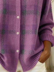 Close-up of the lower front and ribbed hem of a light purple plaid knit cardigan