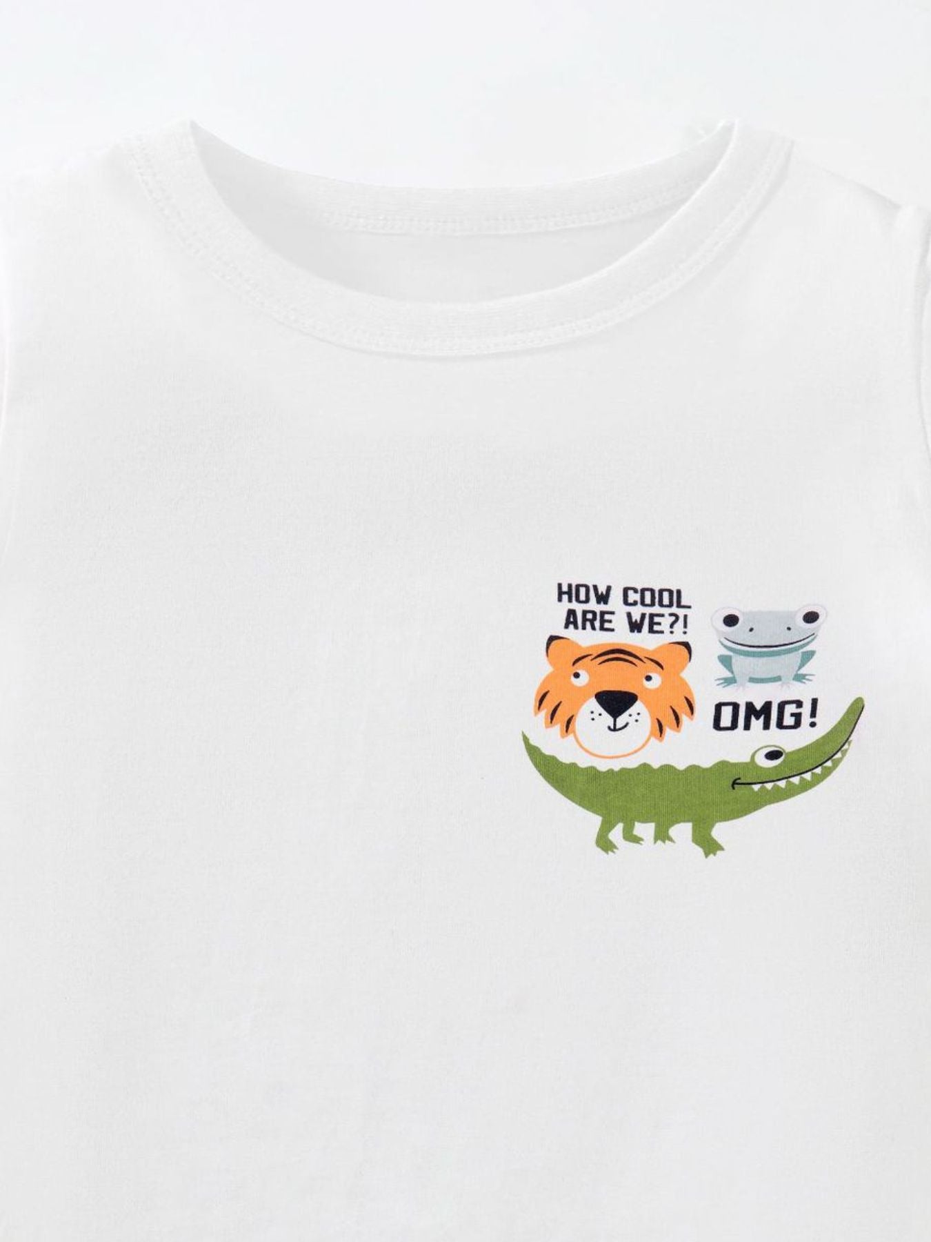 Close-up of the white round neckline and small tiger, frog and crocodile chest graphic on a children's tee