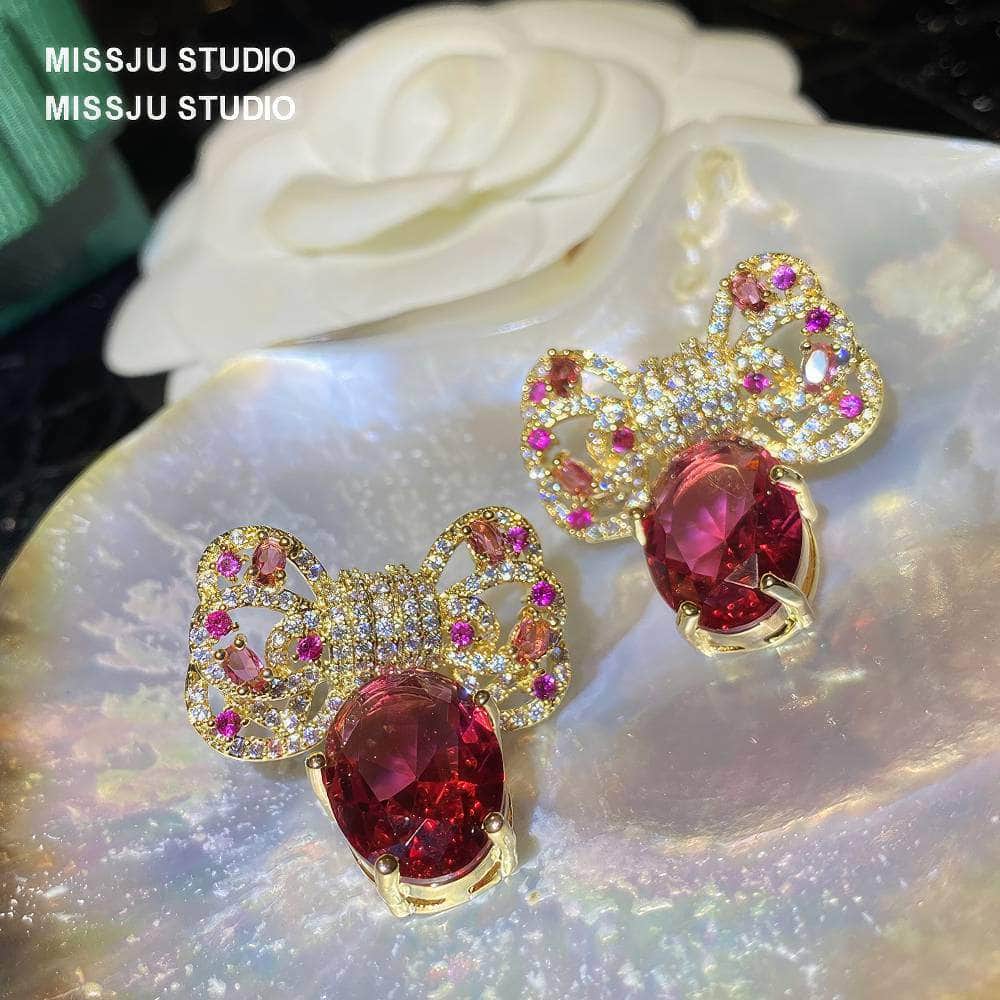 Diamanté Bowknot Sparkle Studded Ruby Gold Earrings DeepPink